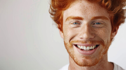 a closeup photo portrait of a handsome red haired man smiling with clean teeth. for a dental ad. guy with fresh stylish hair with strong jawline. isolated on white background.