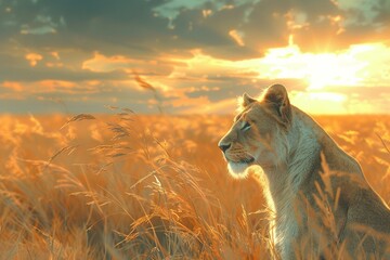 Envision a vast savanna stretching to the horizon, where a majestic lioness leads her pride on a hunt, her golden coat shimmering in the sunlight as she scans the tall grass for signs of prey - obrazy, fototapety, plakaty