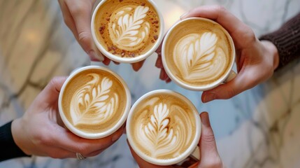 Top angle view of a group of people having drinks coffee and cheers together.