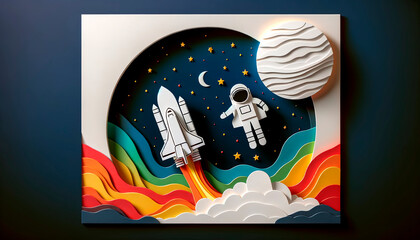 paper art composition with a space shuttle launch and an astronaut floating against a celestial backdrop, embodying the adventure of space exploration.