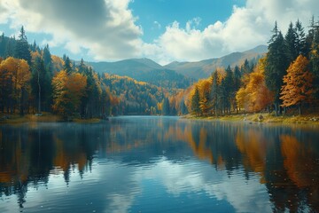 Autumn forest by the mountains and a lake. Generative Ai
