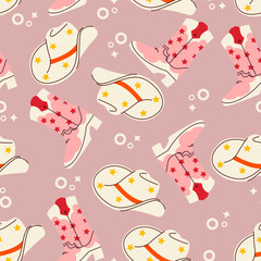 Flat vector illustration of wild west style seamless pattern. Cowboy hat, cowboy boots. Cute pattern.