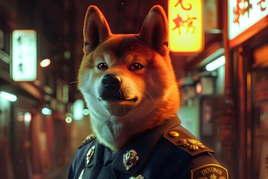 Award-Winning Cinematic Film: A Shiba Inu Wearing A Police Uniform Protects The Metropolis Under Cinematic Lighting - Powered by Adobe