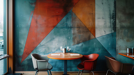 Detail shot of a geometric accent wall in a contemporary dining room, modern interior design, scandinavian style hyperrealistic photography
