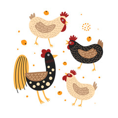 Set of funny roosters and hens isolated on a light background. Cartoon cute poultry, birds, or farm. Painting for design cards, clothes, posters. Vector illustration in children`s style.