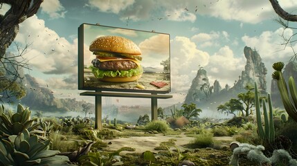 Adam and Eve's Temptation Reinvented: A Hamburger Billboard in Eden's Wilderness - obrazy, fototapety, plakaty