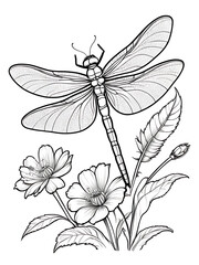 Dragonfly flower cartoon children coloring drawing without colors white background, ai generated