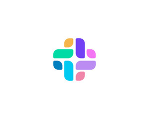 A cross or plus logo from abstract colorful shapes. Universal pharmacy clinic flat logotype. Vector illustration.