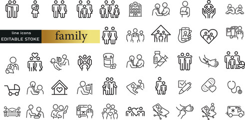 Types of family structures. Thin line icon set. Symbol collection in transparent background. Editable vector stroke