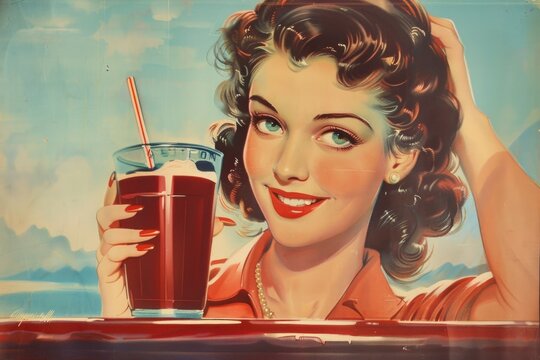Soda commercial, vintage poster from the 50s, woman with drink