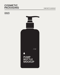 A vials with a pump for serum or lotion. Black silhouette of a cosmetic dispenser bottle for cream, balm. Cosmetic packaging for shampoo, shower gel isolated on a light background.