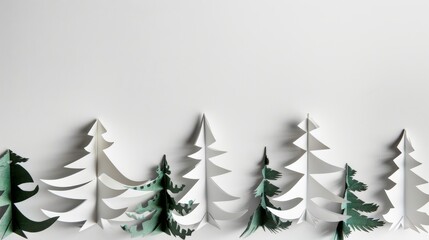 Obraz premium Colorful paper art forest and mountains. A creative panoramic paper art of a forest with bright colored trees against white mountains and a backdrop. Great for christmass postcard design inspiration