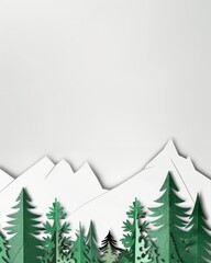 Obraz premium Colorful paper art forest and mountains. A creative panoramic paper art of a forest with bright colored trees against white mountains and a backdrop. Great for christmass postcard design inspiration