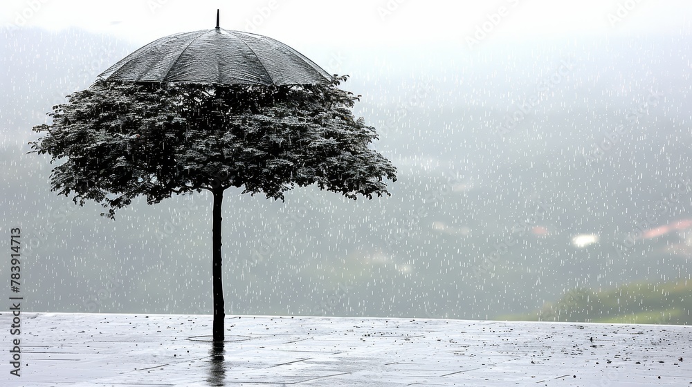 Wall mural   A black-and-white image of a tree standing in the rain, next to it, another black-and-white photo of a figure holding an umbrella