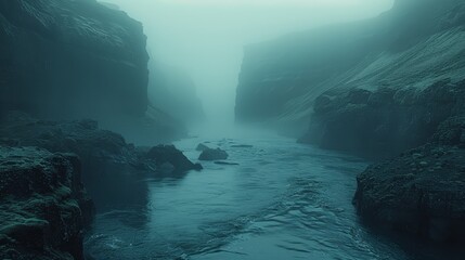   Amidst fog-shrouded mountains, a water body nestles between rocks Currents flow, carving paths between boulders - obrazy, fototapety, plakaty