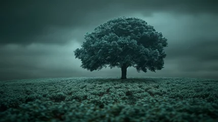 Fotobehang   A solitary tree atop a verdant green field in monochrome under overcast skies © Jevjenijs