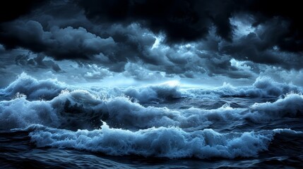   A vast expanse of water, dotted with numerous waves in the foreground, and ominously shrouded by a multitude of dark clouds in the background