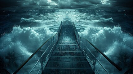   A set of stairs descends towards a vast body of stormy water  Stairs lead down to a large, stormy waterbody's edge - obrazy, fototapety, plakaty