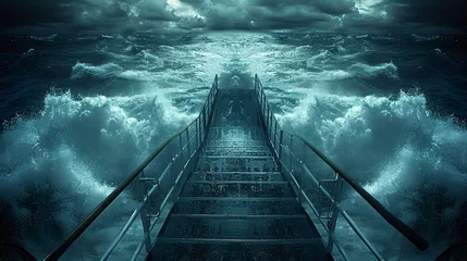 Fotobehang   A set of stairs descends towards a vast body of stormy water  Stairs lead down to a large, stormy waterbody's edge © Jevjenijs