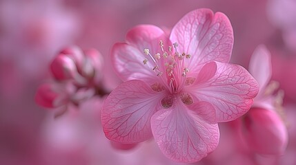   A close-up of a pink flower with numerous leaves surrounding its center The flower's center is distinctly featured