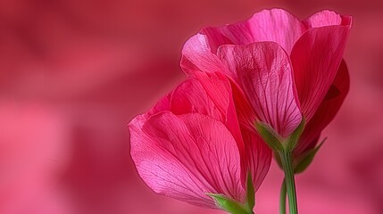   A tight shot of two pink blooms against a softly blurred background to the picture's right