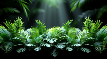   A collection of plants closely situated, with light filtering through the canopy of one - obrazy, fototapety, plakaty