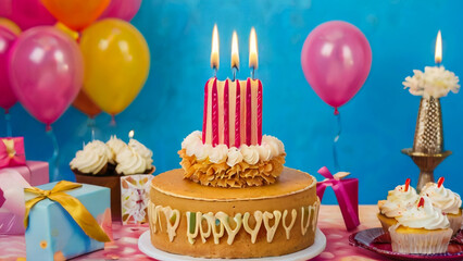 Fototapeta na wymiar White Birthday cake with colorful Sprinkles over a blue background. 