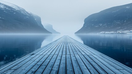   A dock situated in the midst of a body of water, framed by a mountain range in the distance and a tranquil expanse before it - obrazy, fototapety, plakaty