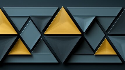   A black-and-yellow abstract wallpaper features a triangle pattern at the wall's bottom A golden triangle is situated at its base - obrazy, fototapety, plakaty