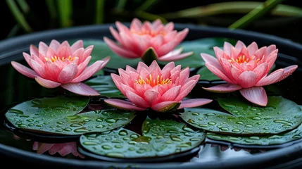 Foto op Canvas   A collection of pink water lilies atop green, leafy pond surface teeming with water lilies © Jevjenijs
