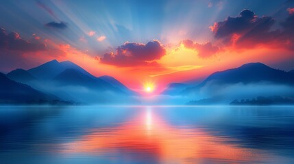   A sunset painting over a body of water, featuring a mountain range in the distance and clouds above - obrazy, fototapety, plakaty