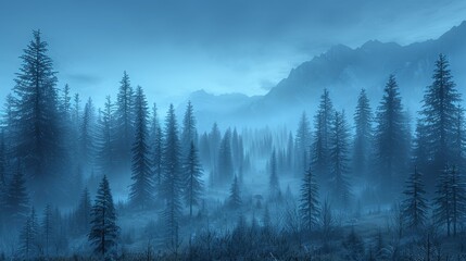   A forest teeming with tall trees under a foggy sky In the distance, a mountain looms