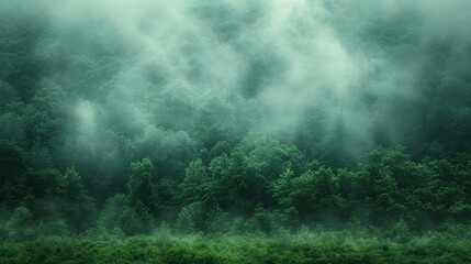   A forest teeming with countless green trees shrouded in a thick, distant fog
