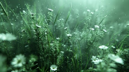   A tight shot of dewy grass with water beads and sun glowing behind - obrazy, fototapety, plakaty