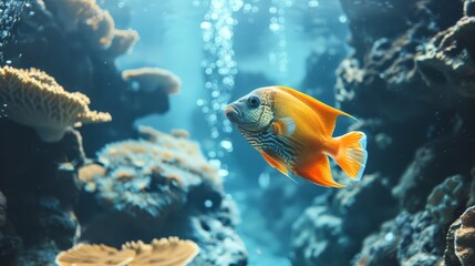   A tight shot of a fish swimming near coral-filled aquarium bottom