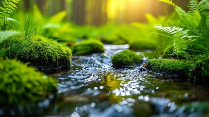   A flowing stream weaves through a verdant forest teeming with abundant green vegetation, where plants thrive atop one another
