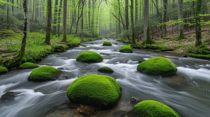   A stream runs through a lush, green forest, its rocks covered in dense moss - obrazy, fototapety, plakaty