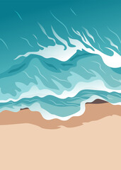 Beach, sand, seashore with blue waves. Top view of coast. The concept of travel. Aerial view of ocean waves reaching the coastline beautiful banner, poster or greeting card design template with san