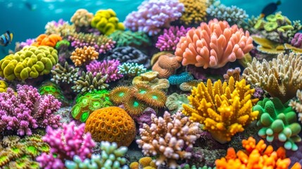 Fototapeta na wymiar A colorful assemblage of corals and sea anemones lies at the reef's base in the ocean