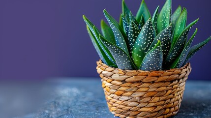   A tight shot of a plant in a wicker basket against a blue backdrop Behind it, a purple wall is visible