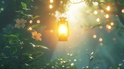   A lantern suspended from a tree branch, shedding light through its leaves and flowers on the opposite side - obrazy, fototapety, plakaty