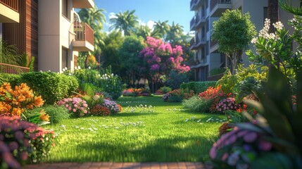   A digital rendering of a verdant lawn dotted with flowers, foreground, and apartment structures, background
