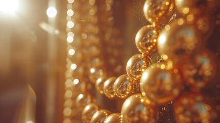   A tight shot of numerous gleaming balls on a golden string of beads, illuminated by soft light from behind - obrazy, fototapety, plakaty
