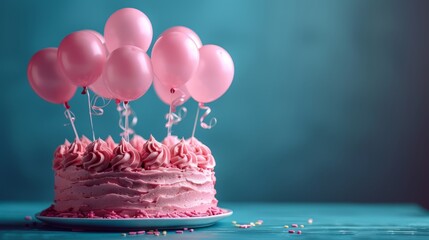   A pink birthday cake with frosted balls on top, situated on a blue table adorned with confetti sprinkles - obrazy, fototapety, plakaty