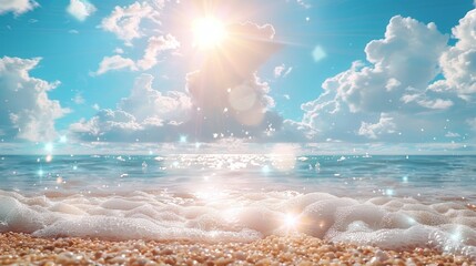   The sun shines brightly through clouds over the water on a sandy beach, creating foamy waves - obrazy, fototapety, plakaty