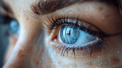   A tight shot of a person's blue eye, adorned with glitter on their upper and lower lashes - obrazy, fototapety, plakaty