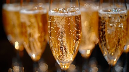   A tight shot of champagne glasses, each brimming with distinct bubbles, and bubbles lining the inner rim of the wine glasses