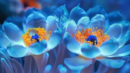   Two flowers, each bearing blue petals and yellow stamens in their centers - obrazy, fototapety, plakaty