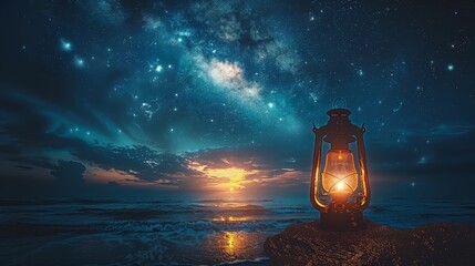   A lantern atop a sandy beach beneath a star-filled night sky - obrazy, fototapety, plakaty