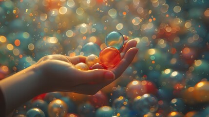   A tight shot of hands holding soap bubbles, with a backdrop of blurred bubble chaos - obrazy, fototapety, plakaty